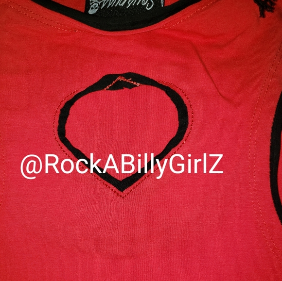Sourpuss F@ck Love Scroll Red Broken Heart Tank Top Shirt w Heart Cutout in Back - Picture 3 of 3